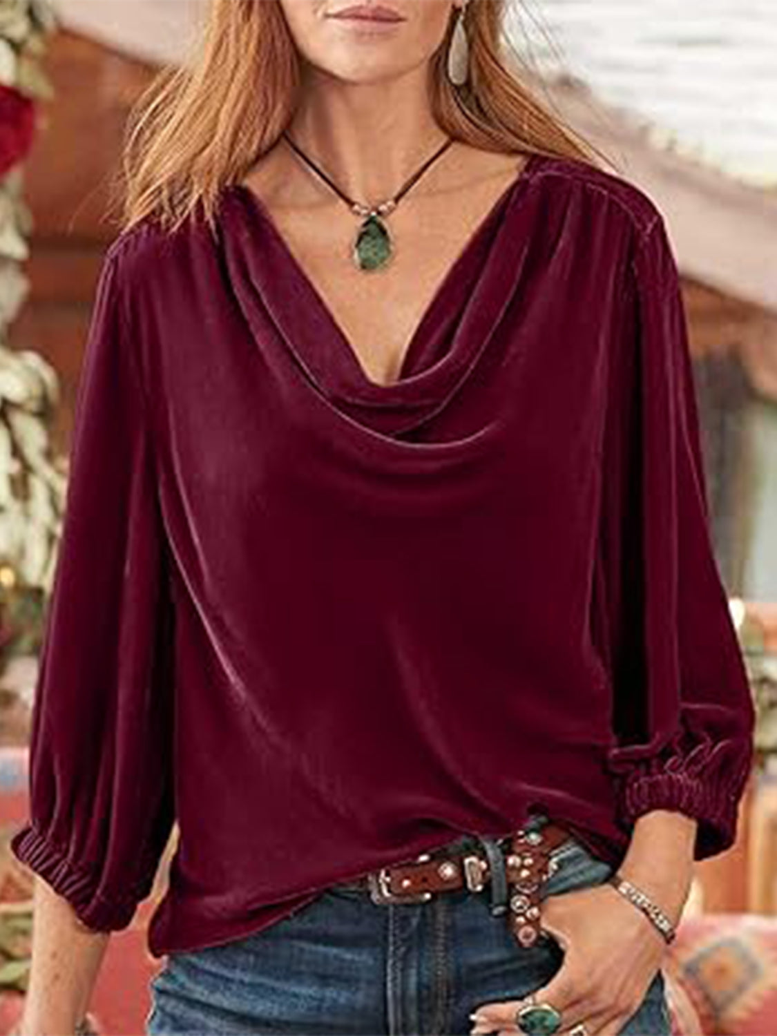 Cowl Neck Three-Quarter Sleeve Top-TOPS / DRESSES-[Adult]-[Female]-2022 Online Blue Zone Planet