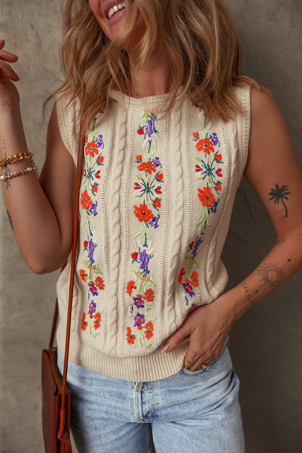 Blue Zone Planet |  Jet Stream Embroidered Floral Cable Knit Sweater Vest