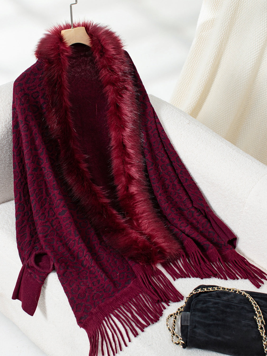 Fringe Leopard Open Front Long Sleeve Poncho-TOPS / DRESSES-[Adult]-[Female]-Burgundy-One Size-2022 Online Blue Zone Planet