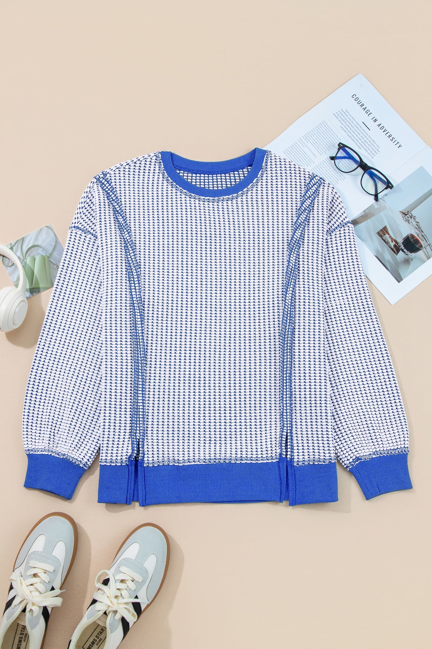 Dark Blue Waffle Knit Exposed Stitching Casual Top with Side Slits-Tops/Long Sleeve Tops-[Adult]-[Female]-2022 Online Blue Zone Planet