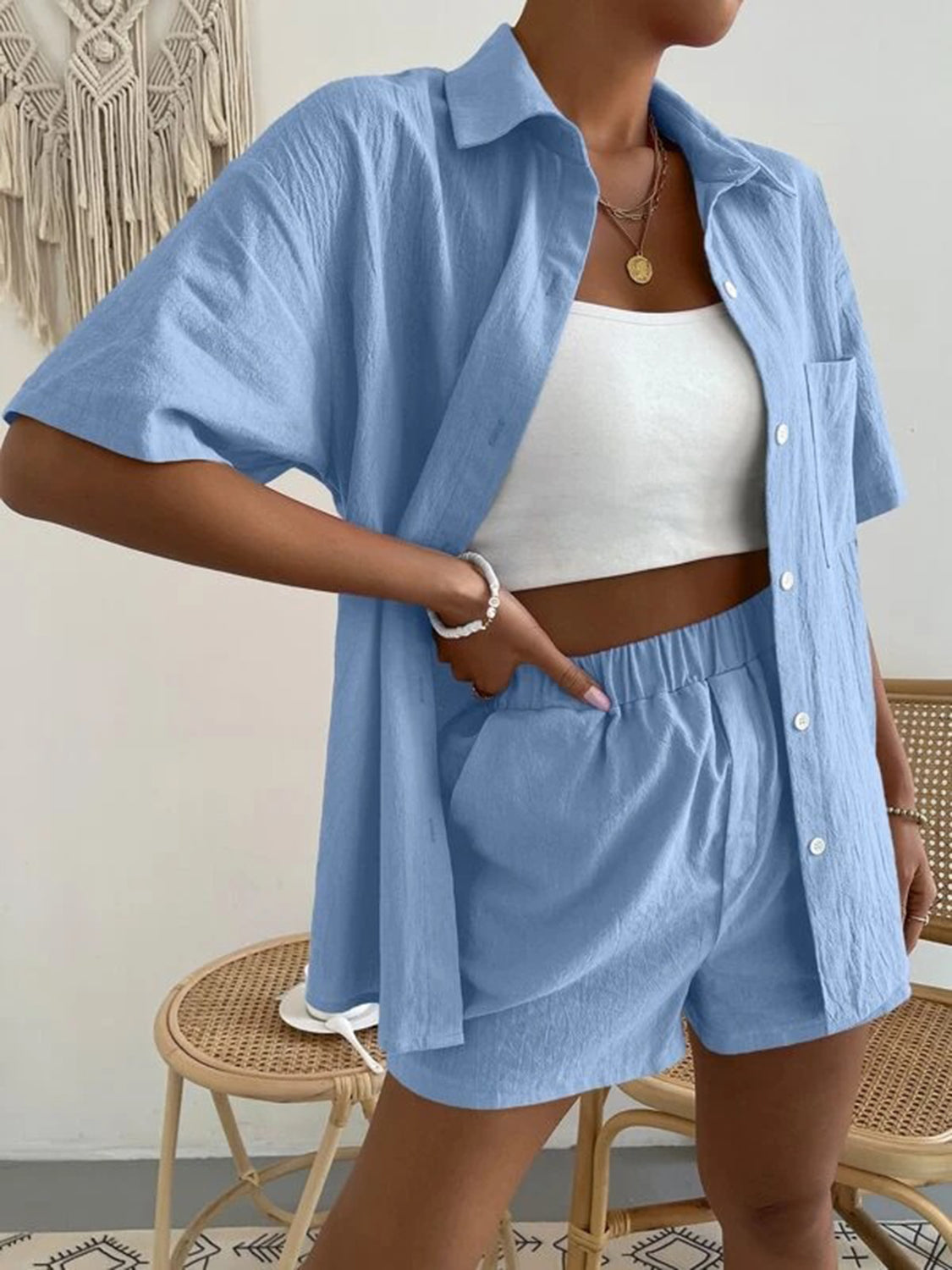 Blue Zone Planet | Button Up Short Sleeve Shirt and Shorts Set-TOPS / DRESSES-[Adult]-[Female]-2022 Online Blue Zone Planet