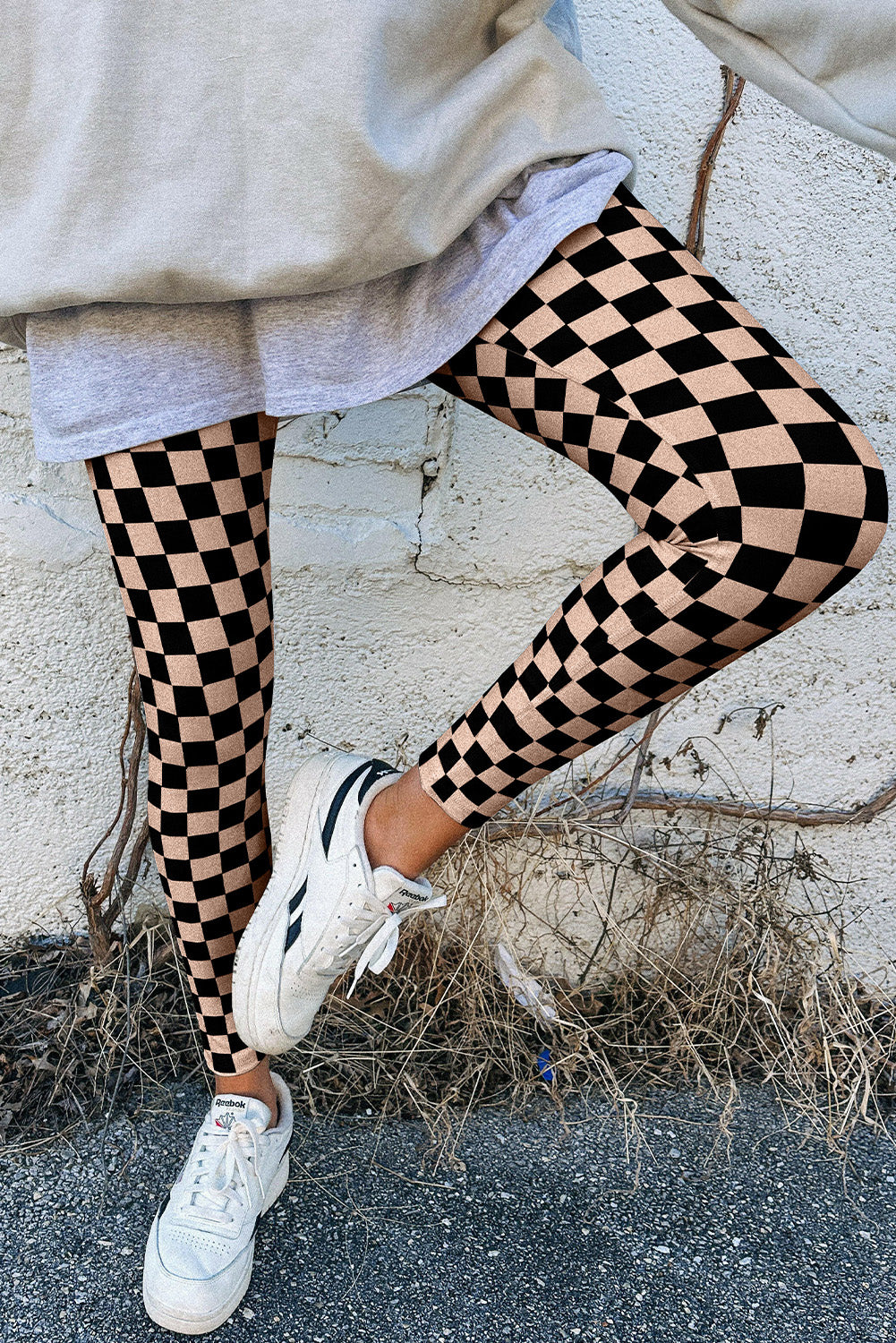 Khaki Checkered Pattern High Waist Skinny Leggings-Bottoms/Leggings-[Adult]-[Female]-2022 Online Blue Zone Planet