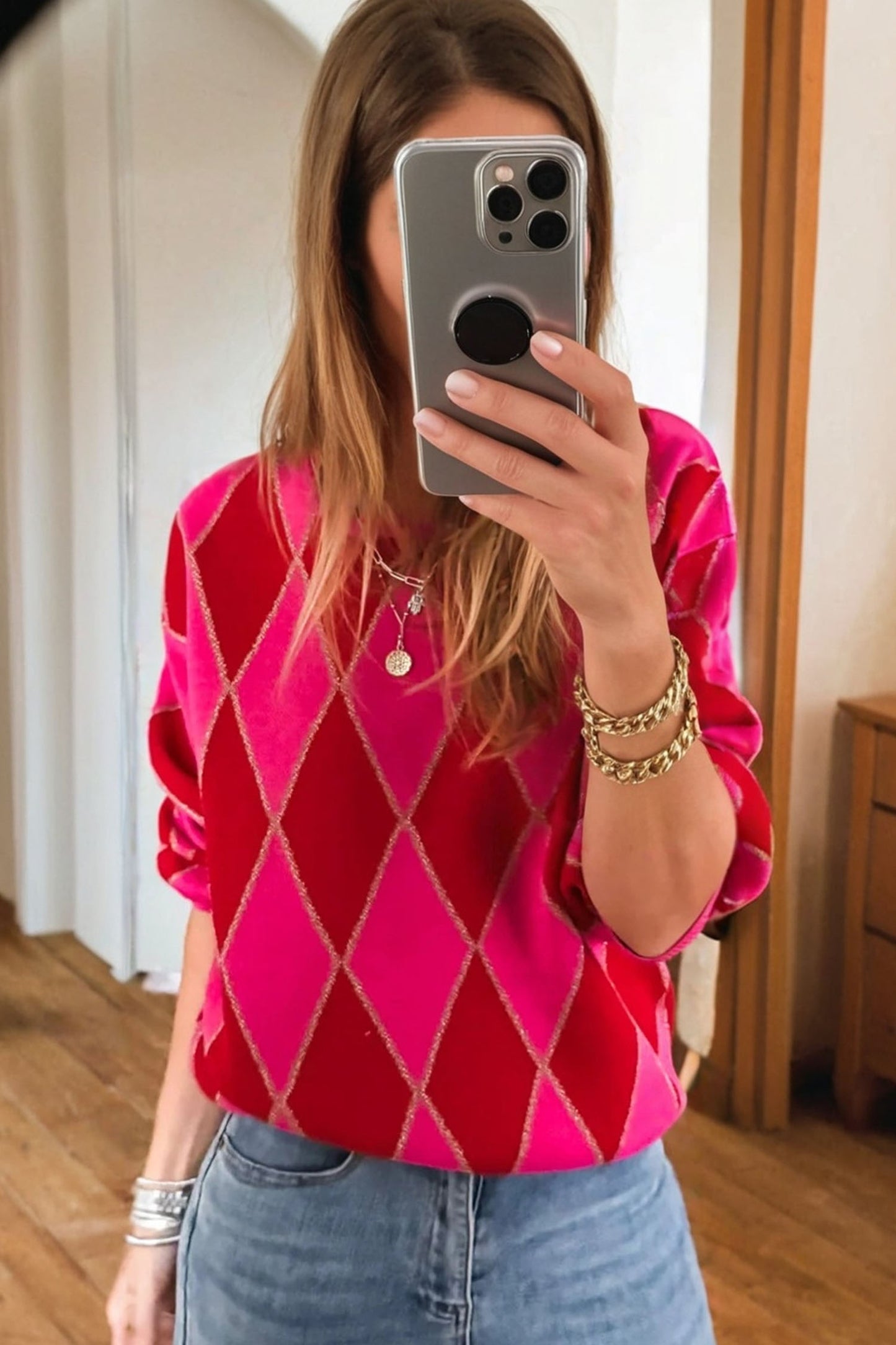 Rose Red Glitter Rhombus Pattern Knit Womens Casual Sweater-TOPS / DRESSES-[Adult]-[Female]-2022 Online Blue Zone Planet