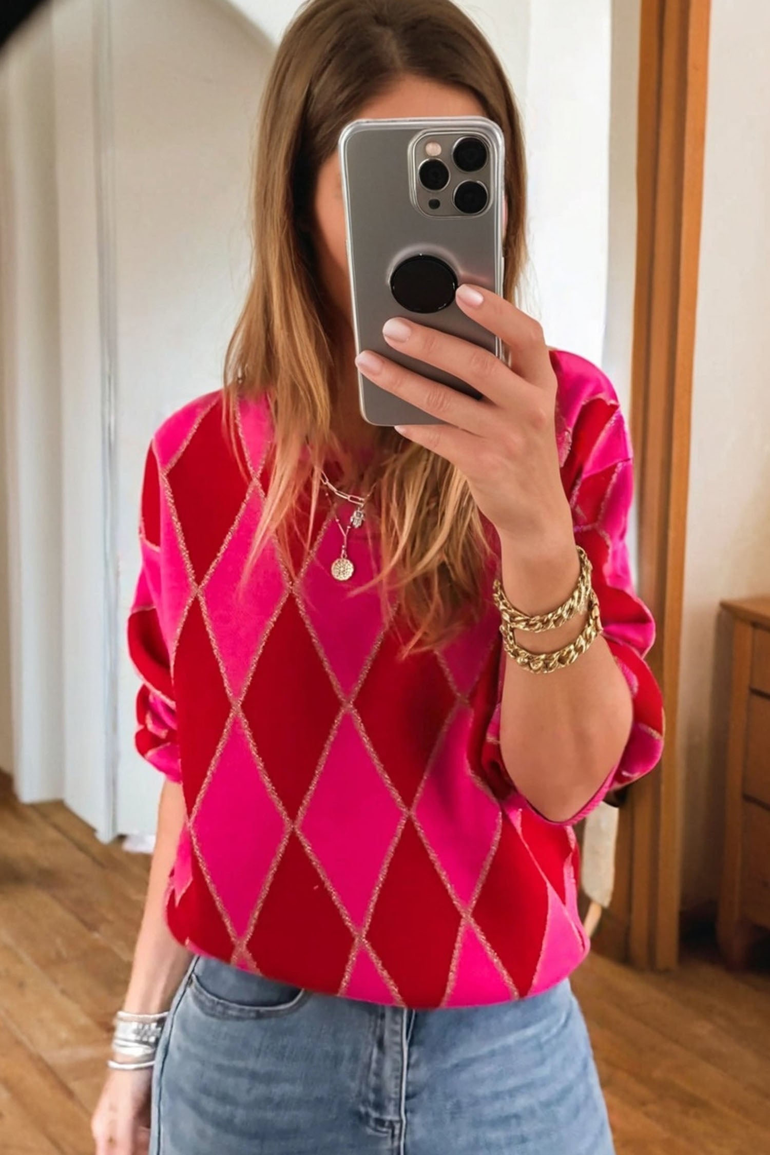 Rose Red Glitter Rhombus Pattern Knit Womens Casual Sweater-TOPS / DRESSES-[Adult]-[Female]-2022 Online Blue Zone Planet