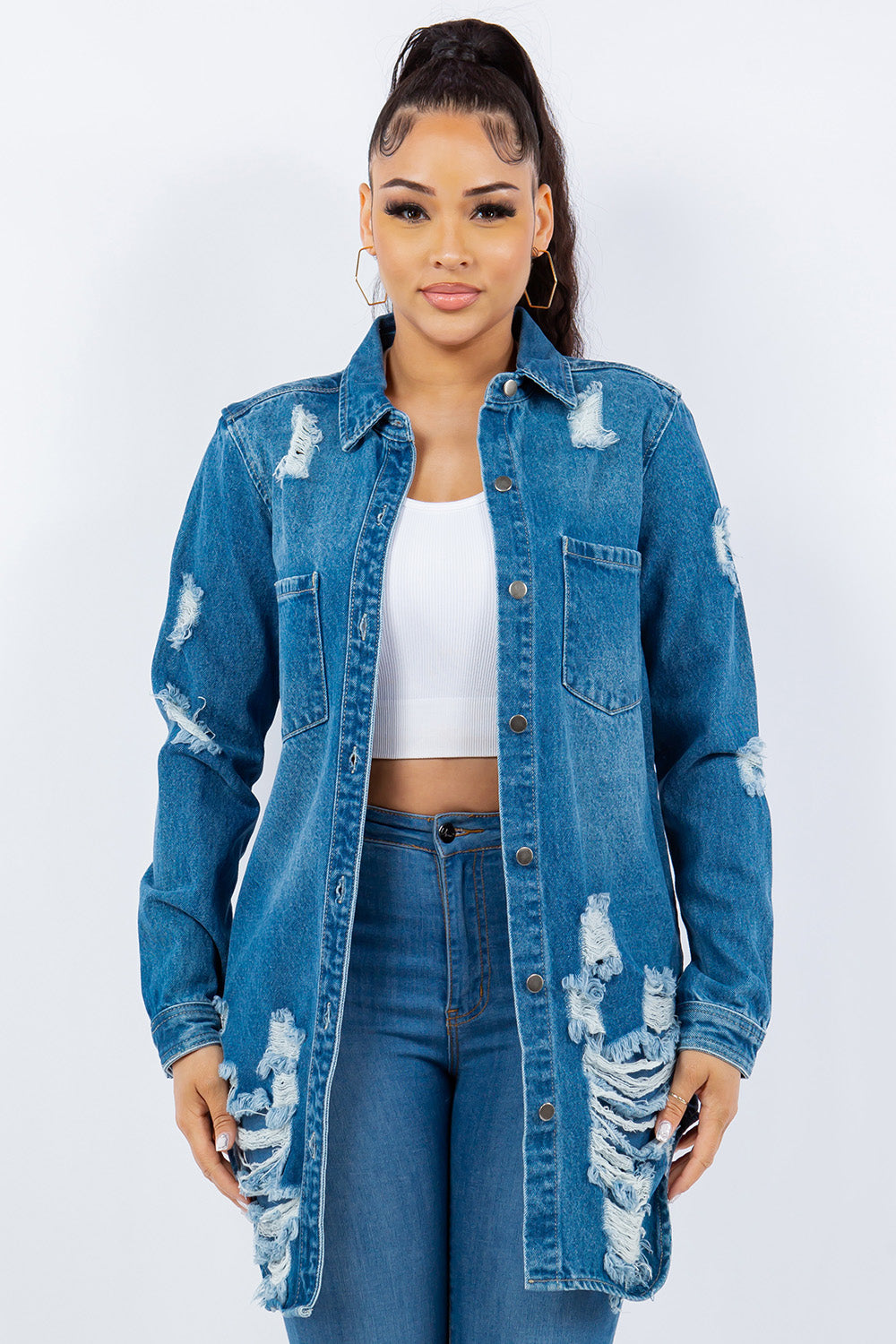 American Bazi Distressed Button Up Long Sleeve Denim Jacket-TOPS / DRESSES-[Adult]-[Female]-M Blue-S-2022 Online Blue Zone Planet