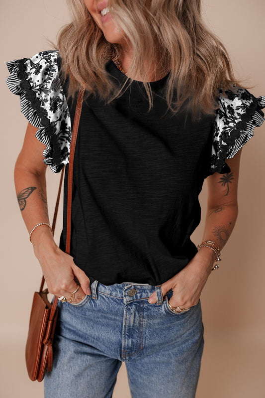 Black Ricrac Trim Printed Flutter Sleeve Contrast Patchwork Blouse-Tops/Blouses & Shirts-[Adult]-[Female]-Black-S-2022 Online Blue Zone Planet