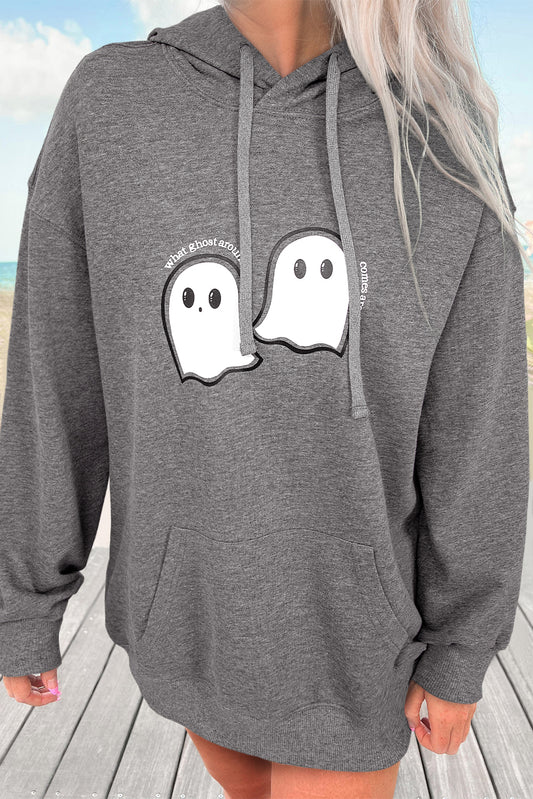 Dark Grey Cute Halloween Ghost Print Mineral Wash Oversize Hoodie-Tops / Dresses-[Adult]-[Female]-Dark Grey-S-2022 Online Blue Zone Planet