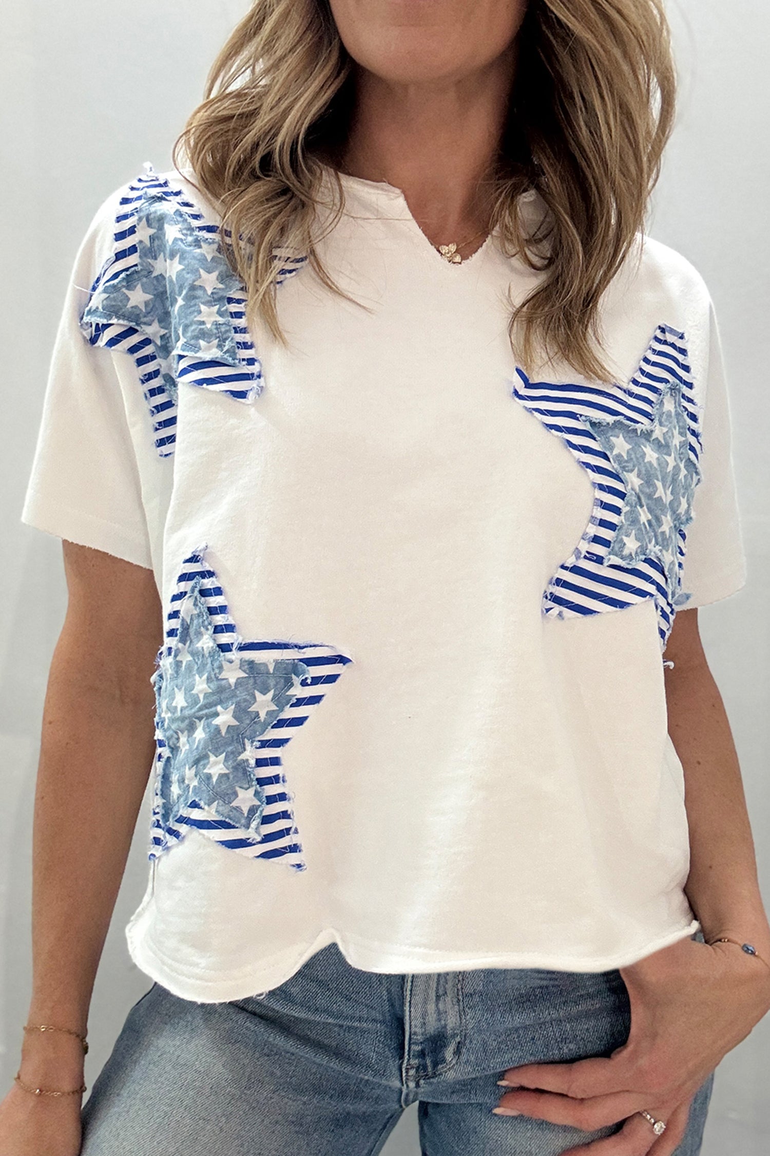 White Patriot Star Patched Notched Neck Mineral Washed Tee-Tops/Tops & Tees-[Adult]-[Female]-White-S-2022 Online Blue Zone Planet