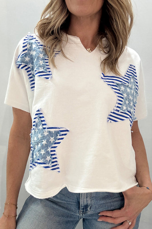 White Patriot Star Patched Notched Neck Mineral Washed Tee-Tops/Tops & Tees-[Adult]-[Female]-White-S-2022 Online Blue Zone Planet