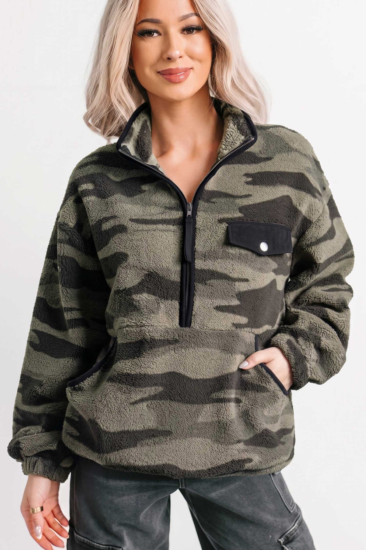Multicolour Camouflage Fleece Half Zip-Up Long Sleeve Pocket Sweatshirt-Tops/Sweatshirts & Hoodies-[Adult]-[Female]-2022 Online Blue Zone Planet