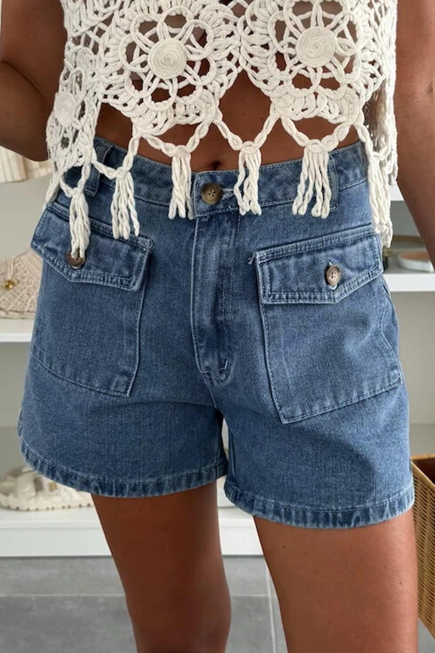 Dusk Blue Flap Pockets Denim Shorts-Bottoms/Denim Shorts-[Adult]-[Female]-Dusk Blue-4-2022 Online Blue Zone Planet