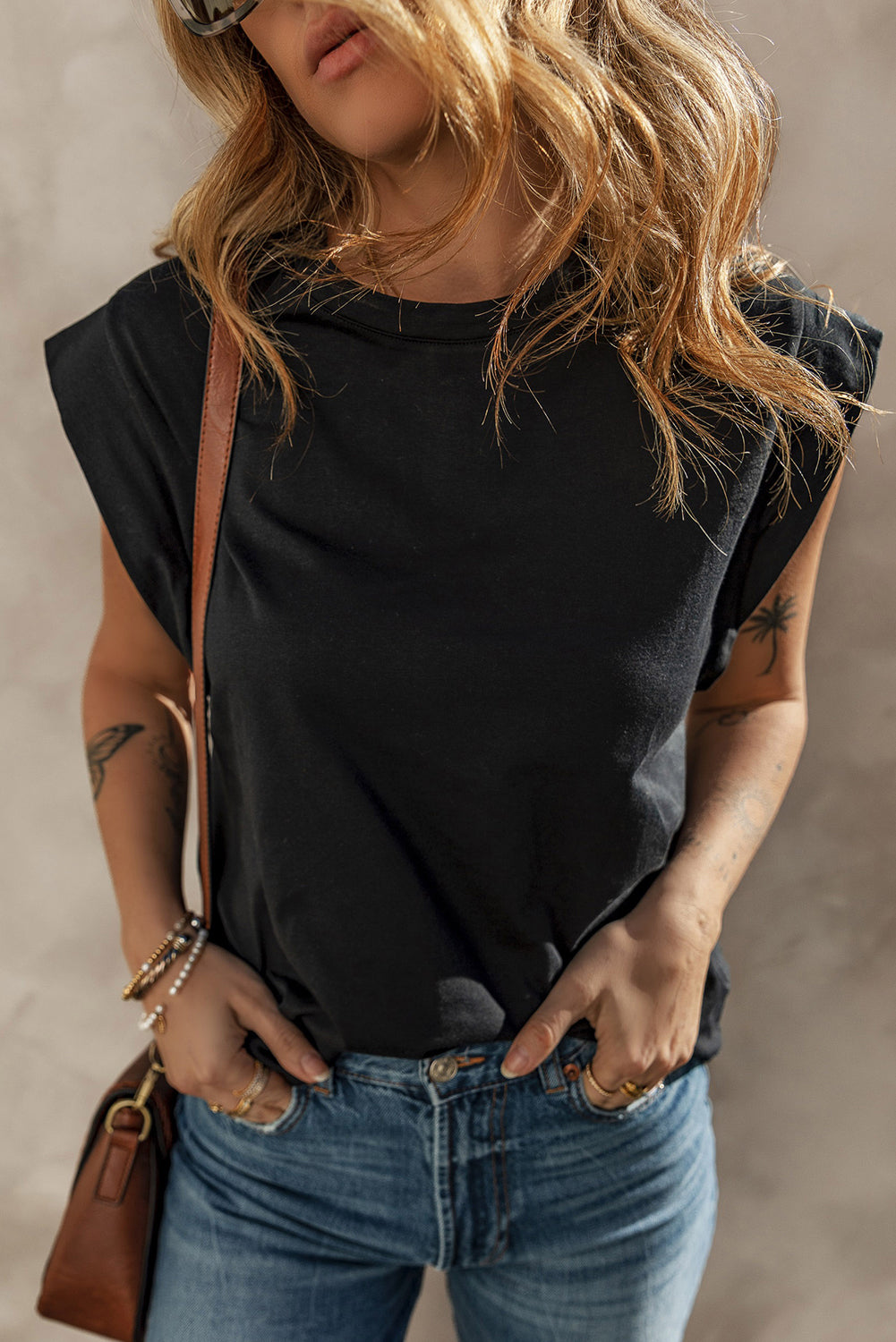 Black Cuffed Armhole Loose Tank Top-Tops/Tank Tops-[Adult]-[Female]-Black-S-2022 Online Blue Zone Planet