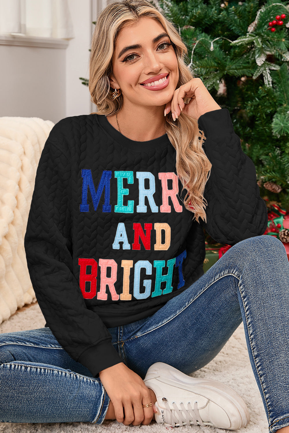 White Merry and Bright Quilted Sweatshirt-Sweatshirts & Hoodies-[Adult]-[Female]-2022 Online Blue Zone Planet