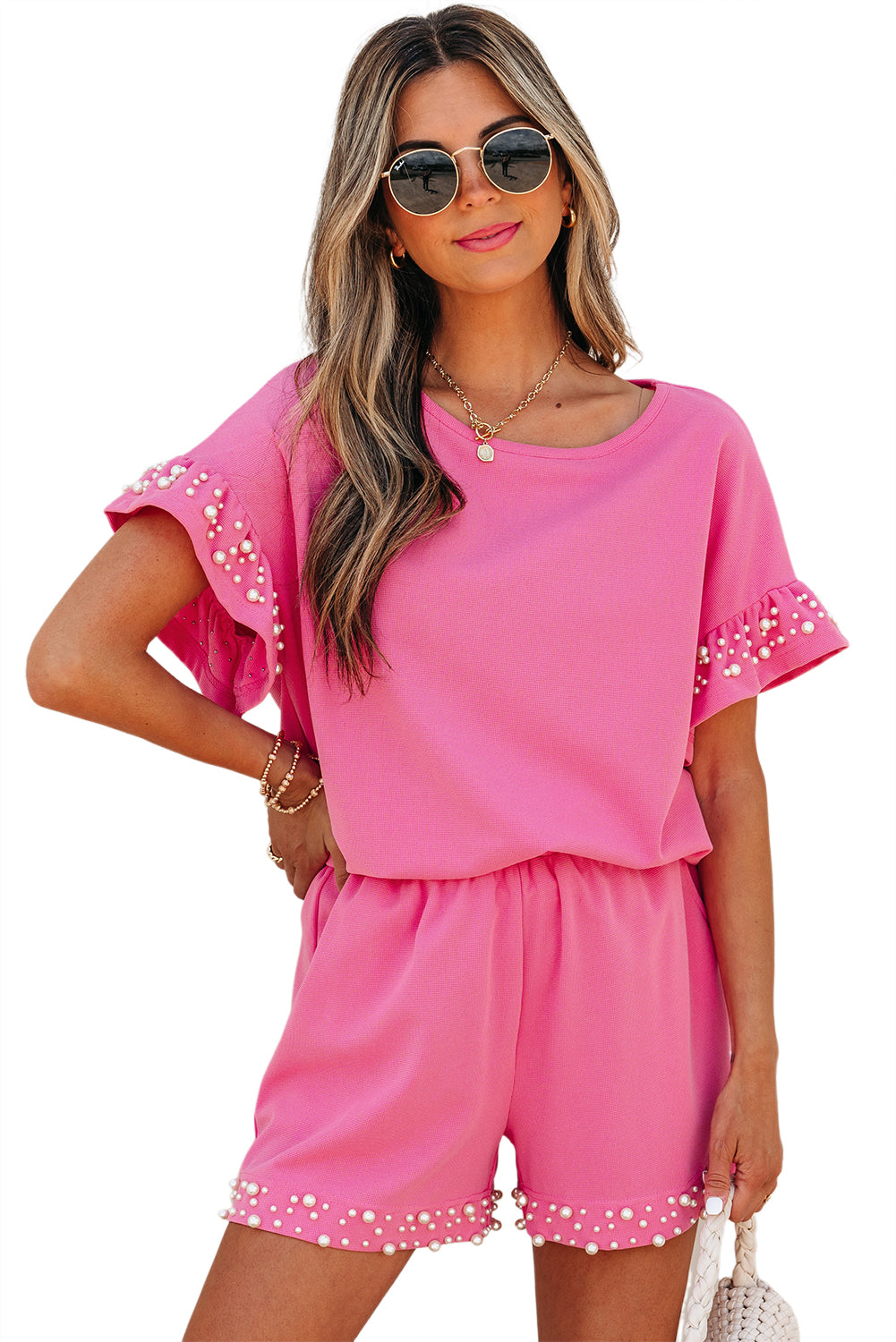 Bright Pink Textured Pearled Ruffle Sleeve Top 2 Piece Shorts Set-Two Piece Sets/Short Sets-[Adult]-[Female]-2022 Online Blue Zone Planet