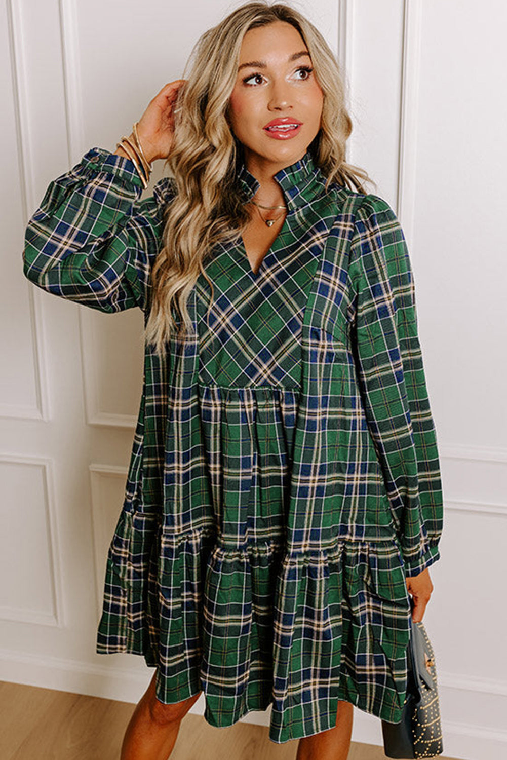 Green Plaid Print Frilly Collar Long Sleeve Shift Mini Dress-TOPS / DRESSES-[Adult]-[Female]-2022 Online Blue Zone Planet
