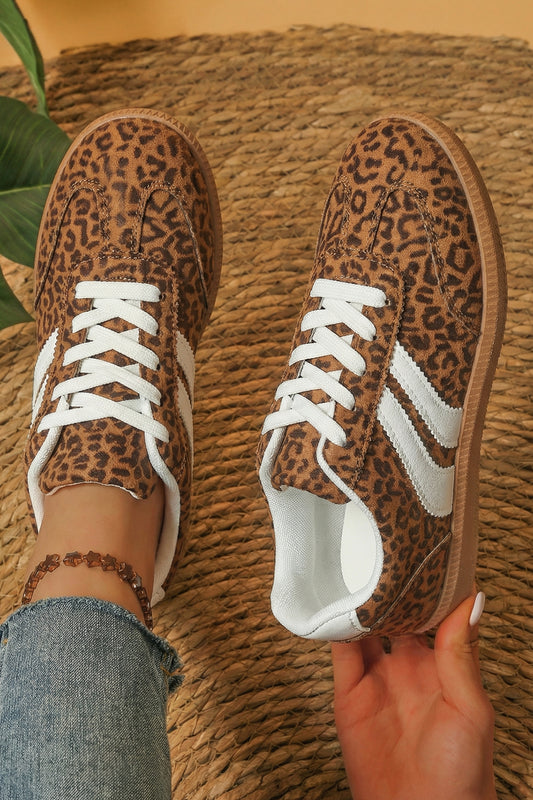 Coffee PU Leather Detail Shimmer Leopard Printed Lace-up Sneakers-Shoes & Bags/Womens Shoes-[Adult]-[Female]-Coffee-37-2022 Online Blue Zone Planet