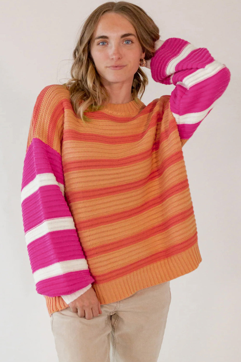 Striped Round Neck Long Sleeve Sweater-TOPS / DRESSES-[Adult]-[Female]-2022 Online Blue Zone Planet