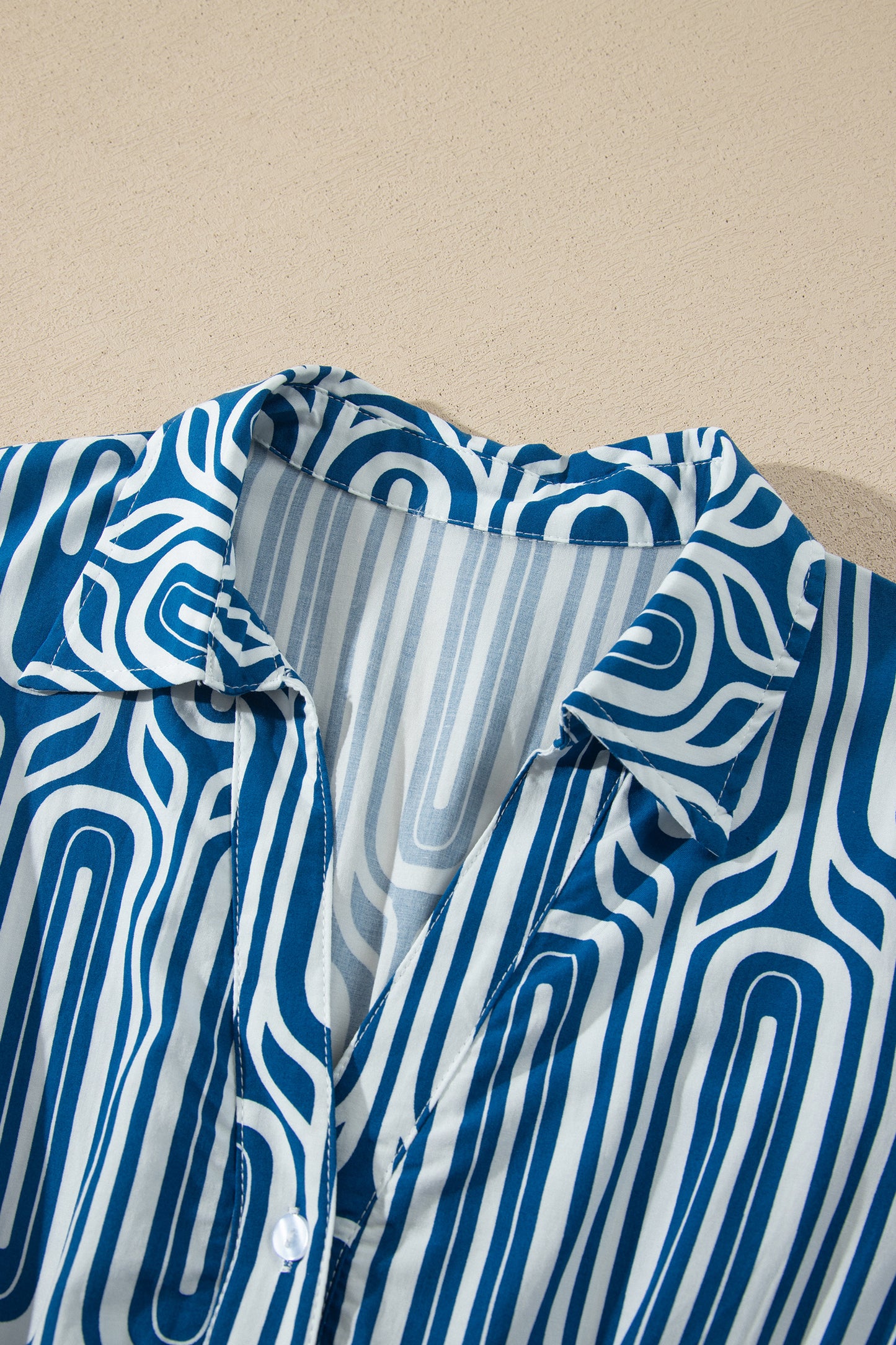 Blue Geometric Print Short Sleeve Drawstring Shirt Collar Dress-TOPS / DRESSES-[Adult]-[Female]-2022 Online Blue Zone Planet
