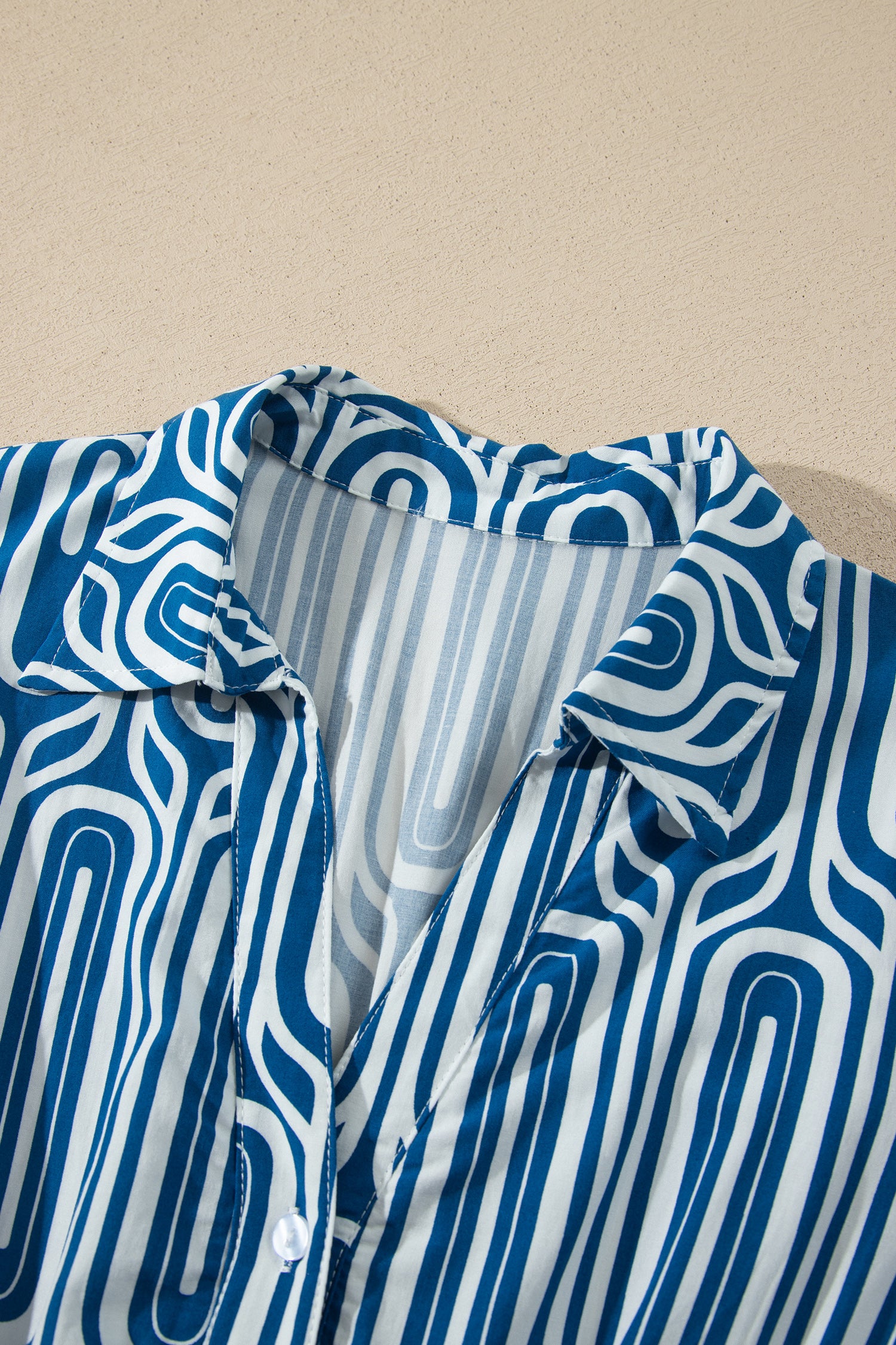 Blue Geometric Print Short Sleeve Drawstring Shirt Collar Dress-TOPS / DRESSES-[Adult]-[Female]-2022 Online Blue Zone Planet