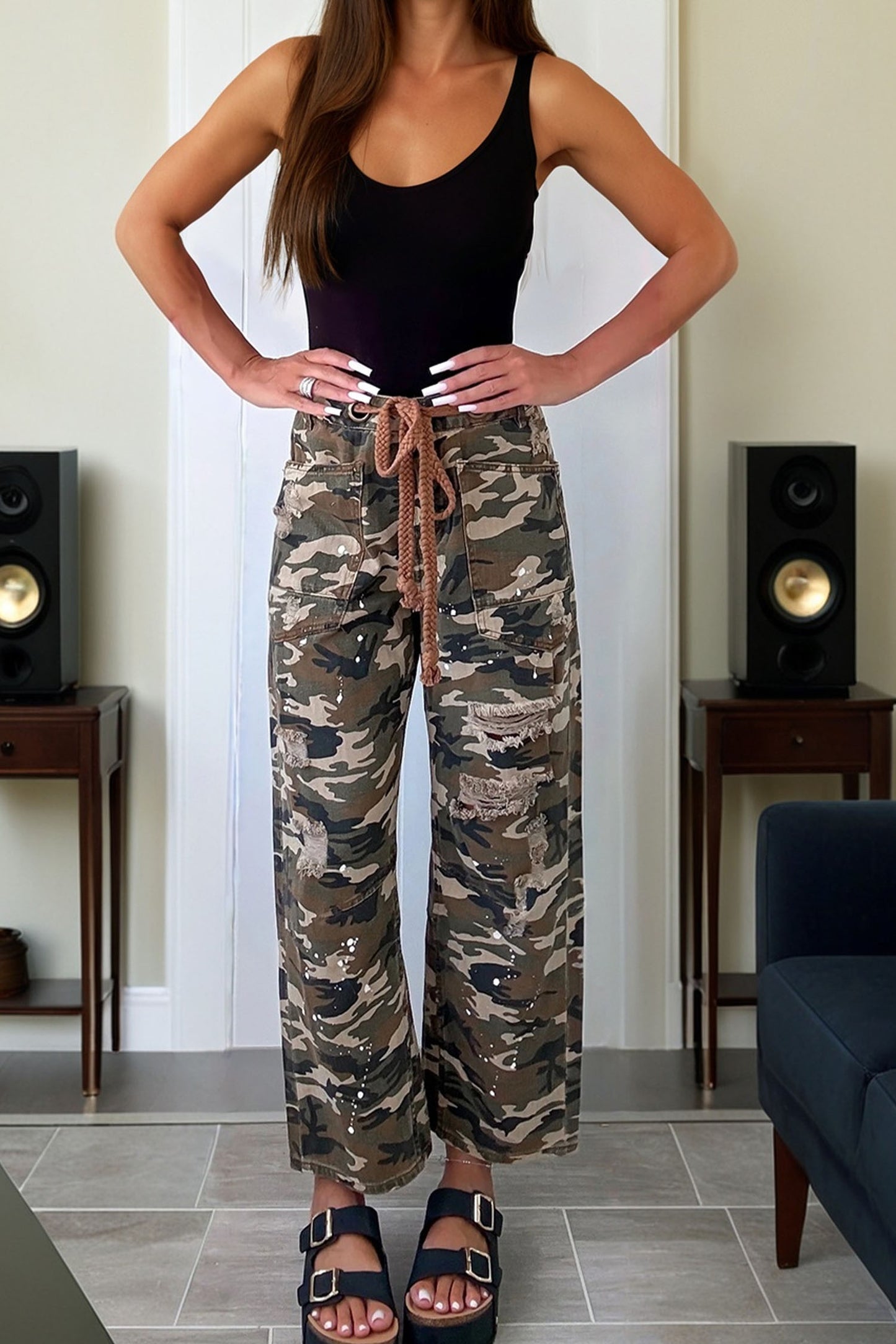 Green Camouflage Print Splashed Distressed Loose Denim Pants-Bottoms/Pants & Culotte-[Adult]-[Female]-2022 Online Blue Zone Planet