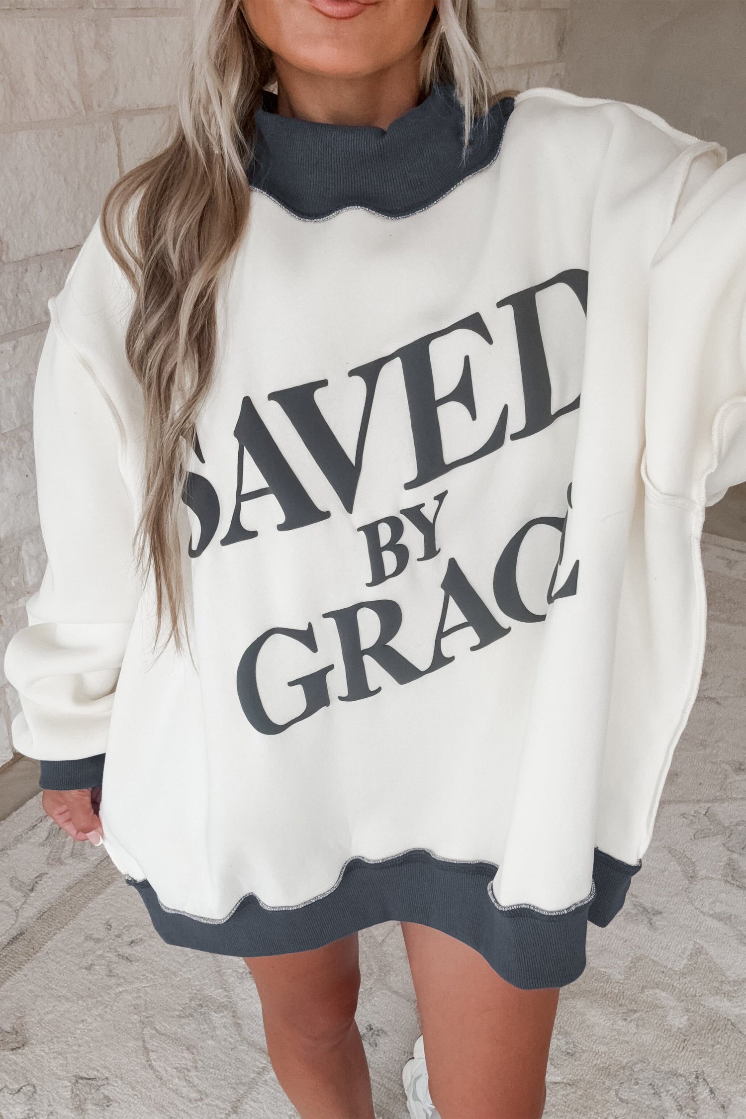 Beige Saved By Grace Print Color Block Mock Neck Oversized Sweatshirt-Tops/Sweatshirts & Hoodies-[Adult]-[Female]-Beige-S-2022 Online Blue Zone Planet