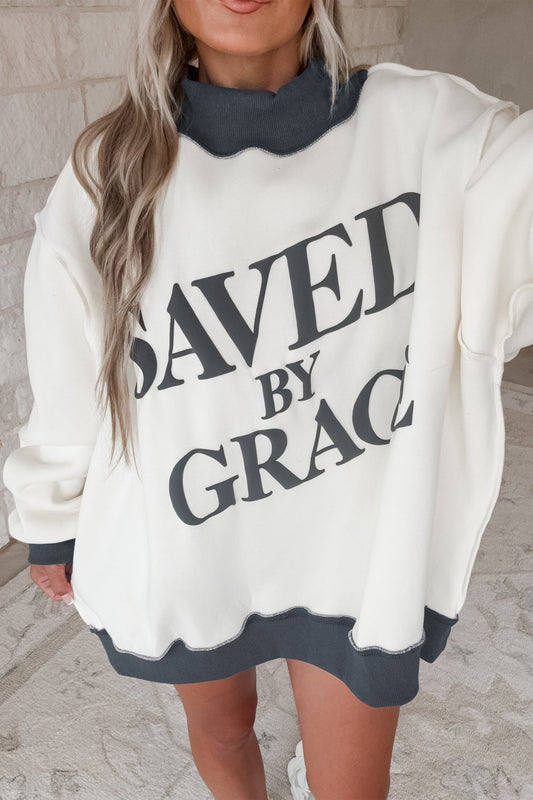 Beige Saved By Grace Print Color Block Mock Neck Oversized Sweatshirt-Tops/Sweatshirts & Hoodies-[Adult]-[Female]-Beige-S-2022 Online Blue Zone Planet