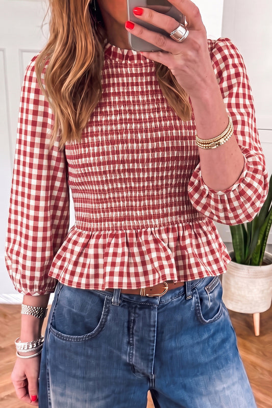 Red 3/4 Sleeve Shirred Plaid Peplum Top-Tops/Blouses & Shirts-[Adult]-[Female]-Red-S-2022 Online Blue Zone Planet