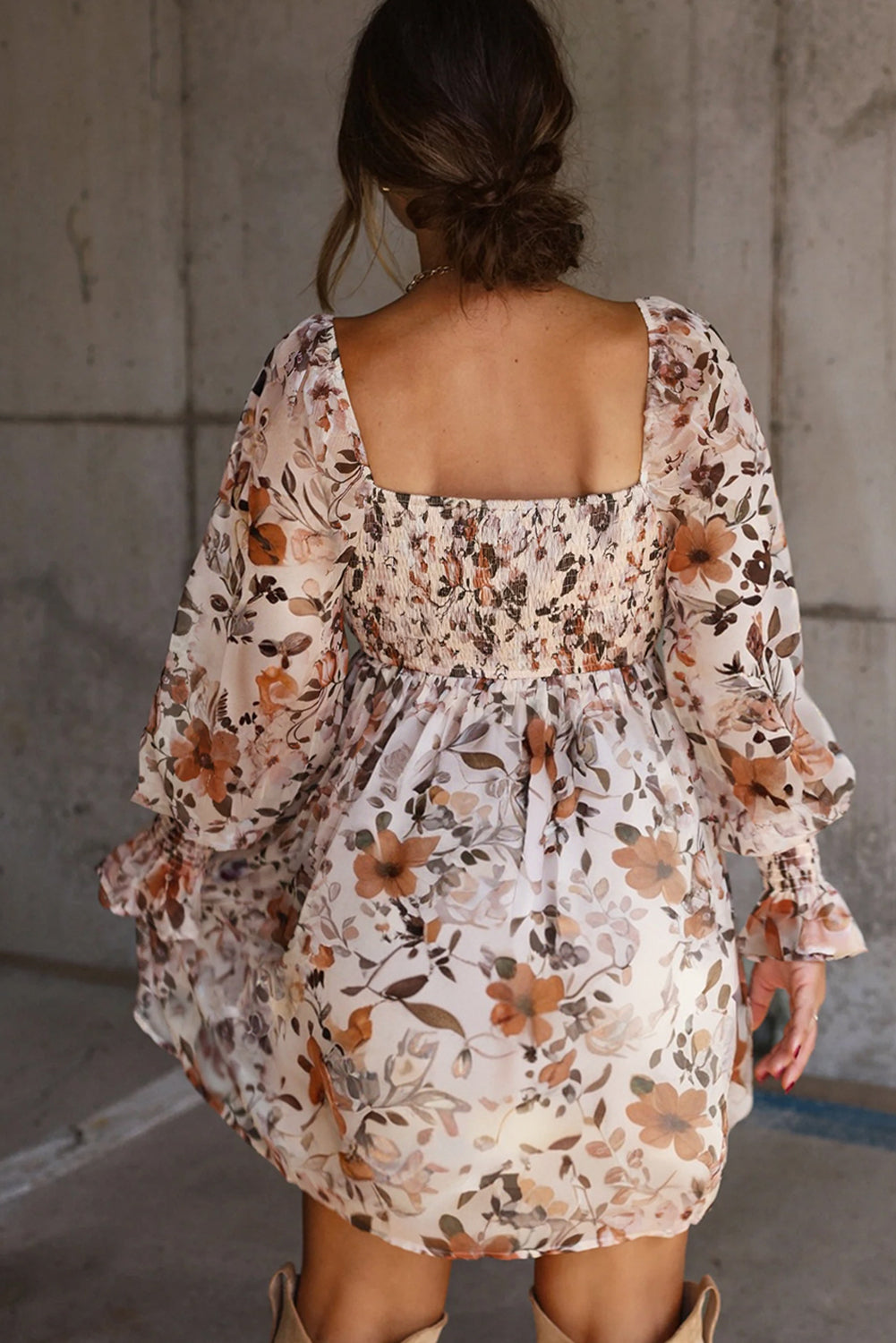 White Floral Print Sweetheart Neck Long Sleeve High Waist Mini Dress-TOPS / DRESSES-[Adult]-[Female]-2022 Online Blue Zone Planet