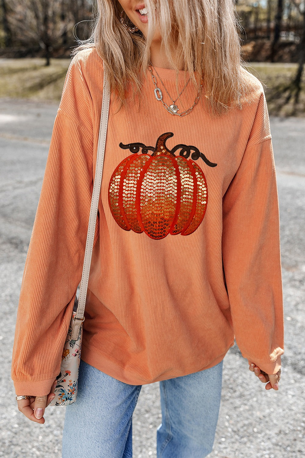 Sequin Pumpkin Round Neck Long Sleeve Sweatshirt-TOPS / DRESSES-[Adult]-[Female]-Sherbet-S-2022 Online Blue Zone Planet