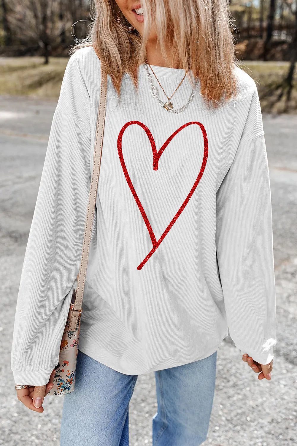 White Glitter Heart Print Corded Graphic Pullover Sweatshirt-Graphic Sweatshirts-[Adult]-[Female]-2022 Online Blue Zone Planet