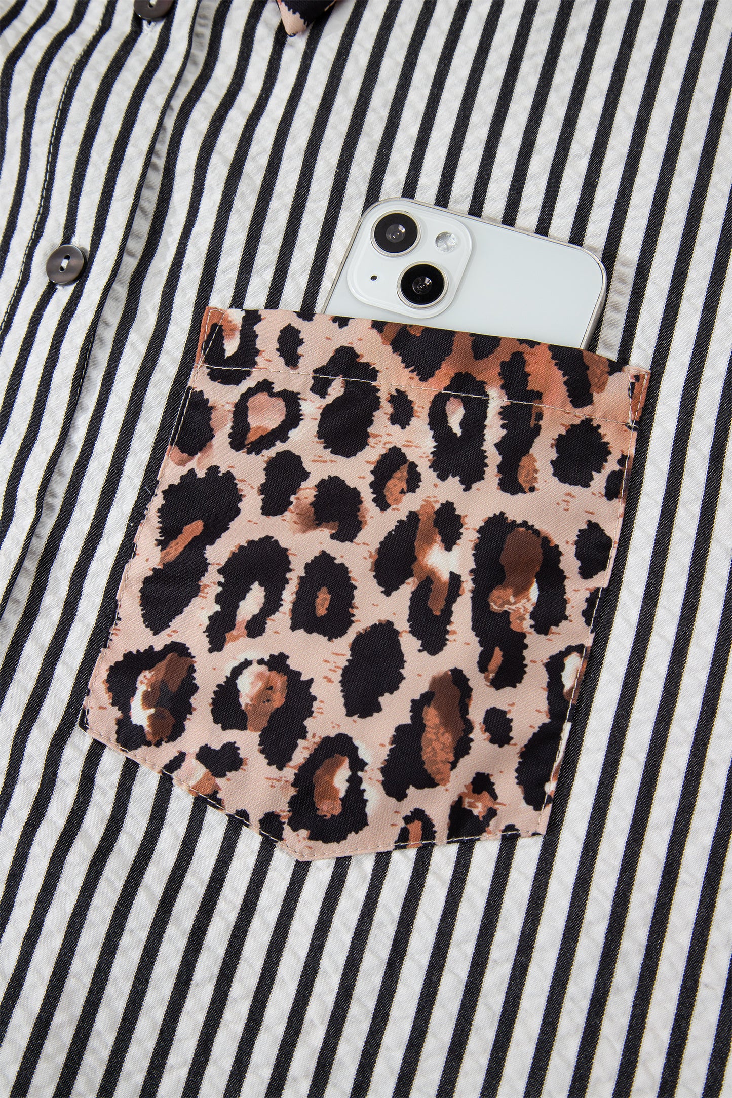 Black Striped Leopard Print Patchwork Button Up Womens Shirt-Tops/Blouses & Shirts-[Adult]-[Female]-2022 Online Blue Zone Planet