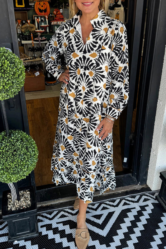 Black Abstract Floral Print Split V Neck Long Dress with Sleeves-Dresses/Maxi Dresses-[Adult]-[Female]-Black-S-2022 Online Blue Zone Planet