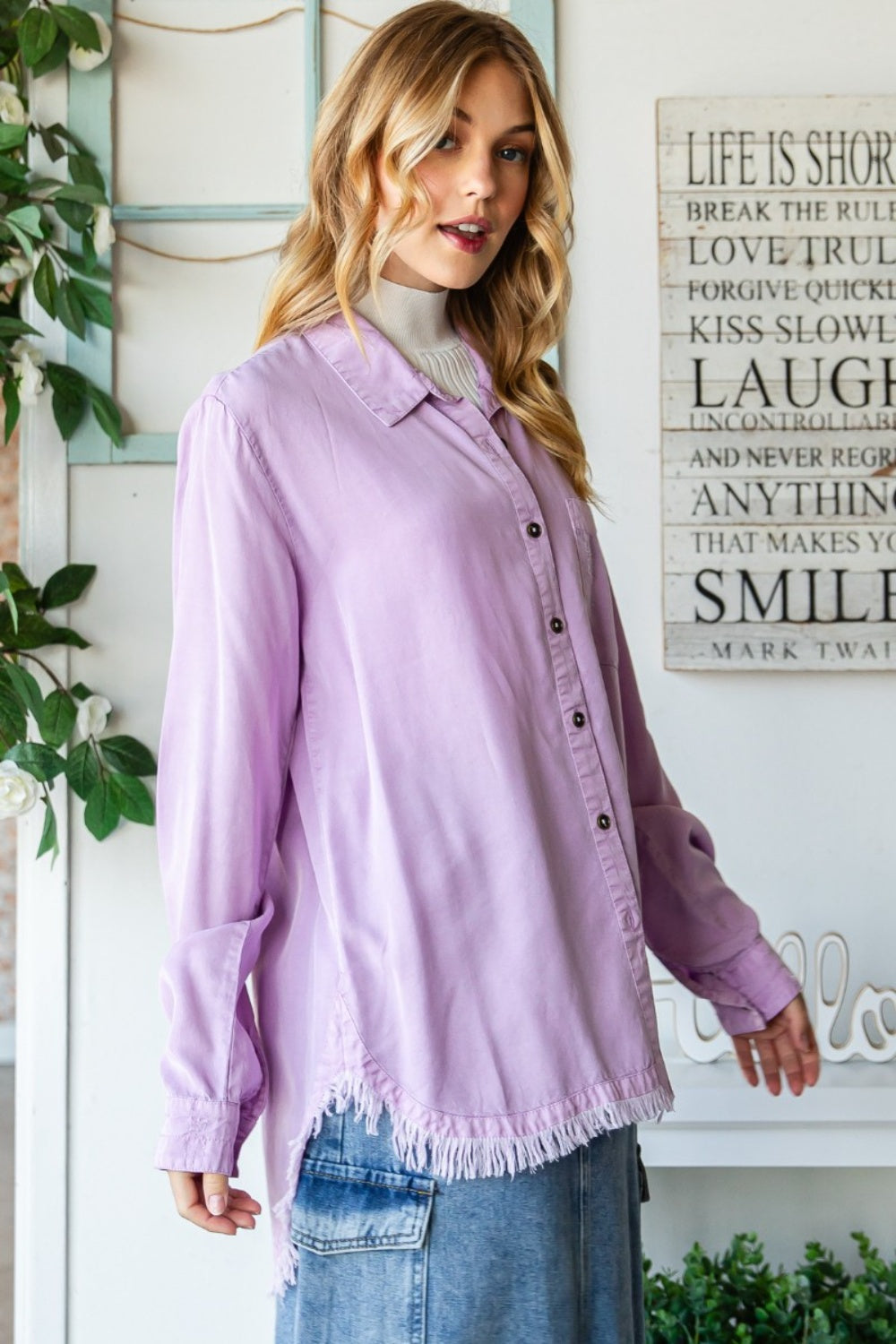 Blue Zone Planet | Veveret Raw Hem Button Up Long Sleeve Shirt-TOPS / DRESSES-[Adult]-[Female]-2022 Online Blue Zone Planet