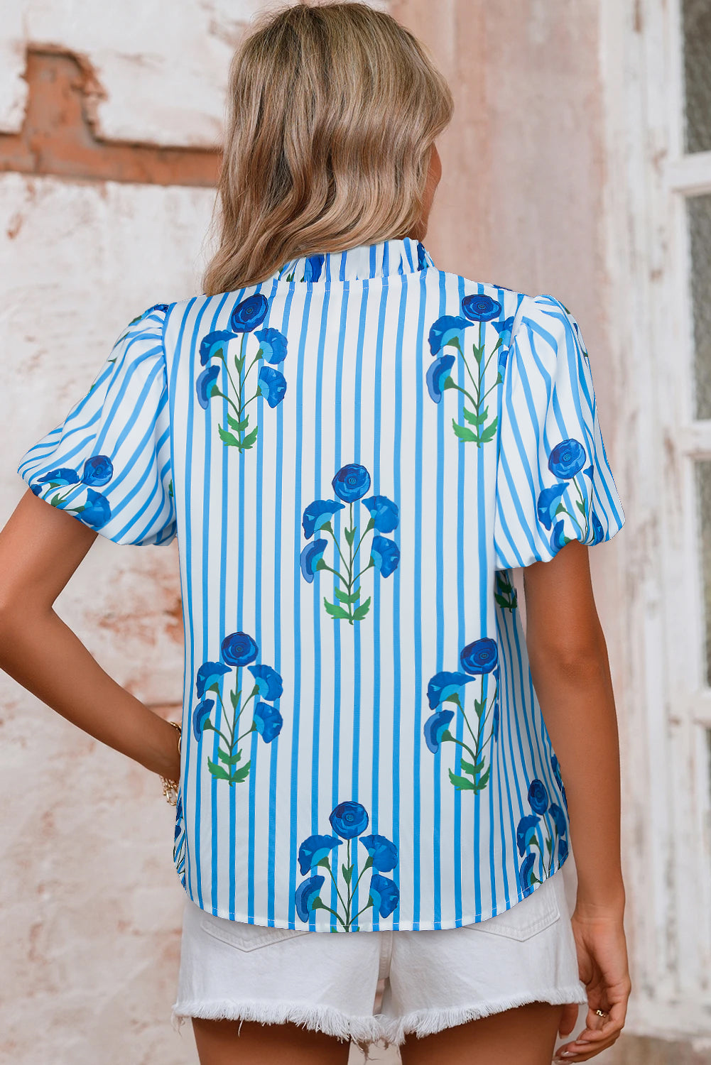 Sky Blue Stripe Floral Buttoned Frilly Notched Neck Puff Sleeve Summer Blouse-Tops/Blouses & Shirts-[Adult]-[Female]-2022 Online Blue Zone Planet