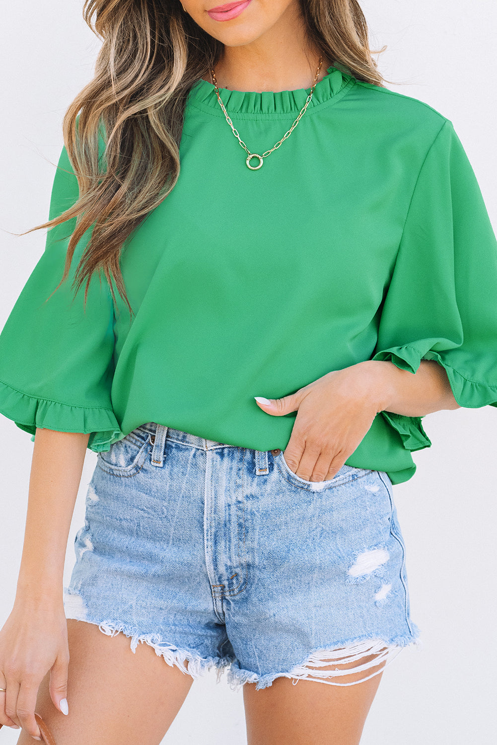 Blue Zone Planet | Green Frilly Round Neck Wide Half Sleeve Blouse-Tops/Blouses & Shirts-[Adult]-[Female]-2022 Online Blue Zone Planet