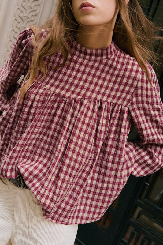 Coral Country Plaid Long Sleeve Button Keyhole Pleated Loose Blouse-Tops/Blouses & Shirts-[Adult]-[Female]-2022 Online Blue Zone Planet