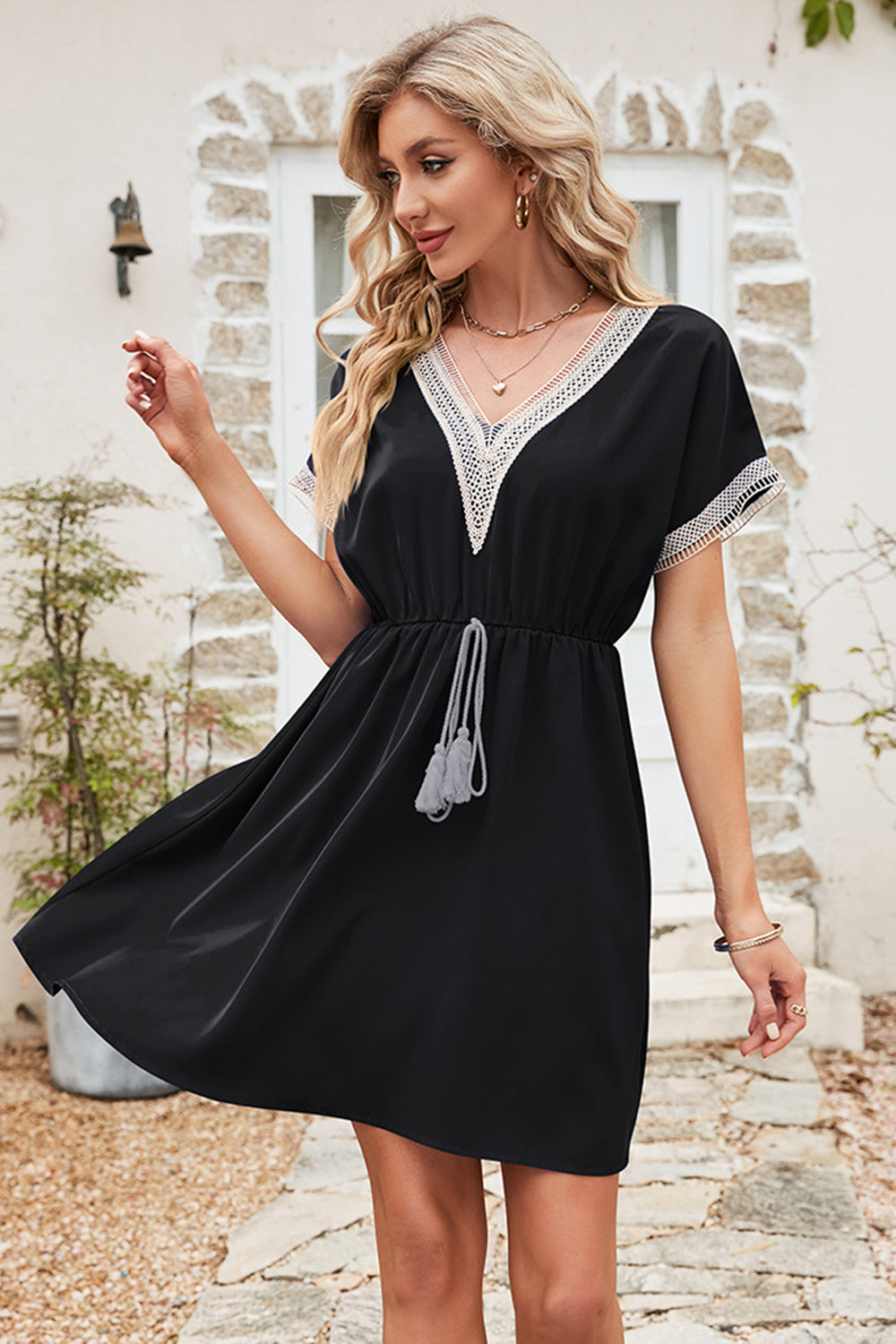 Tassel V-Neck Short Sleeve Dress-TOPS / DRESSES-[Adult]-[Female]-Black-S-2022 Online Blue Zone Planet