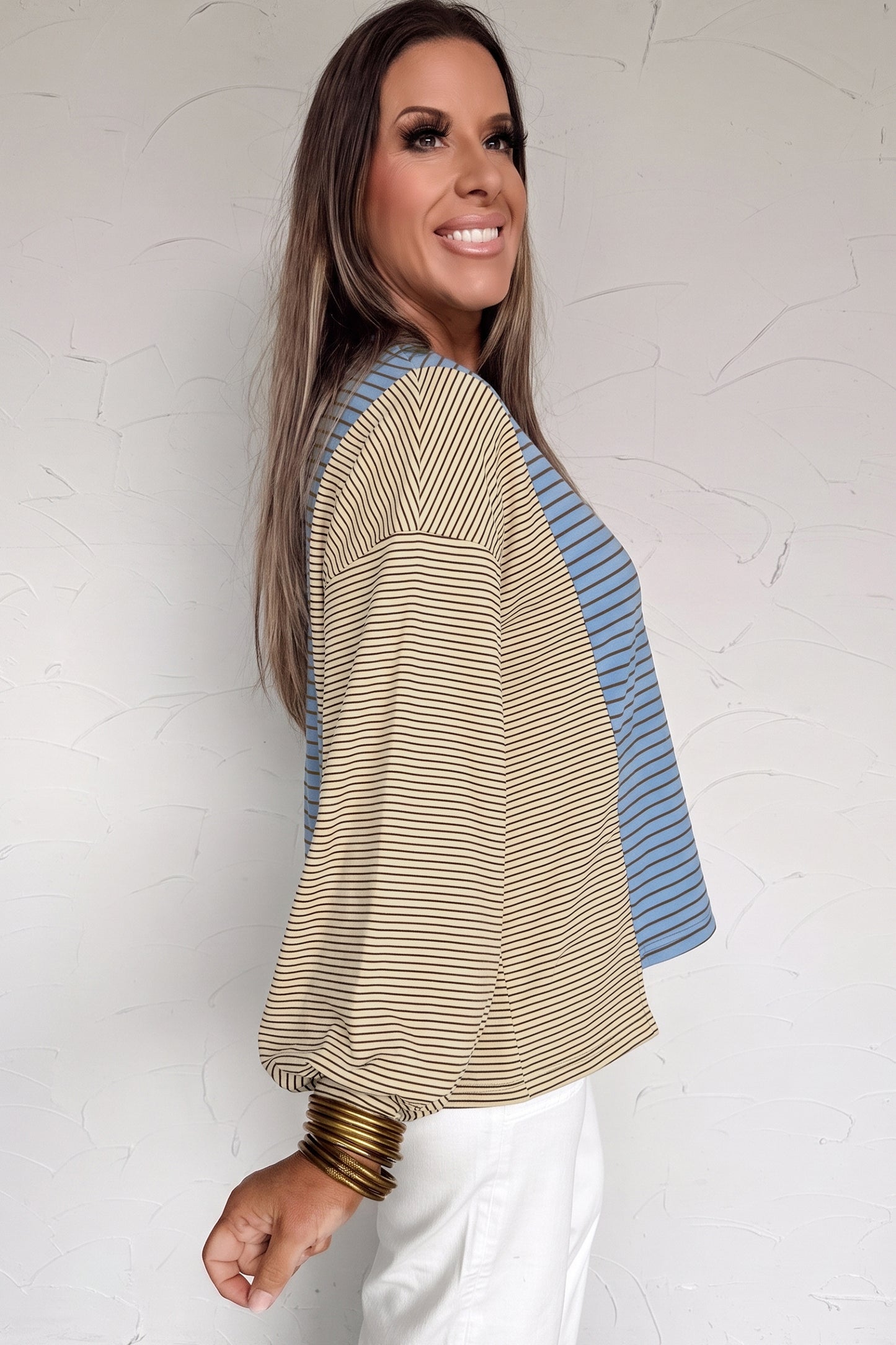 Sky Blue Stripe Color Block Contrast Long Sleeve Round Neck Casual Shift Pullover-Tops/Long Sleeve Tops-[Adult]-[Female]-2022 Online Blue Zone Planet