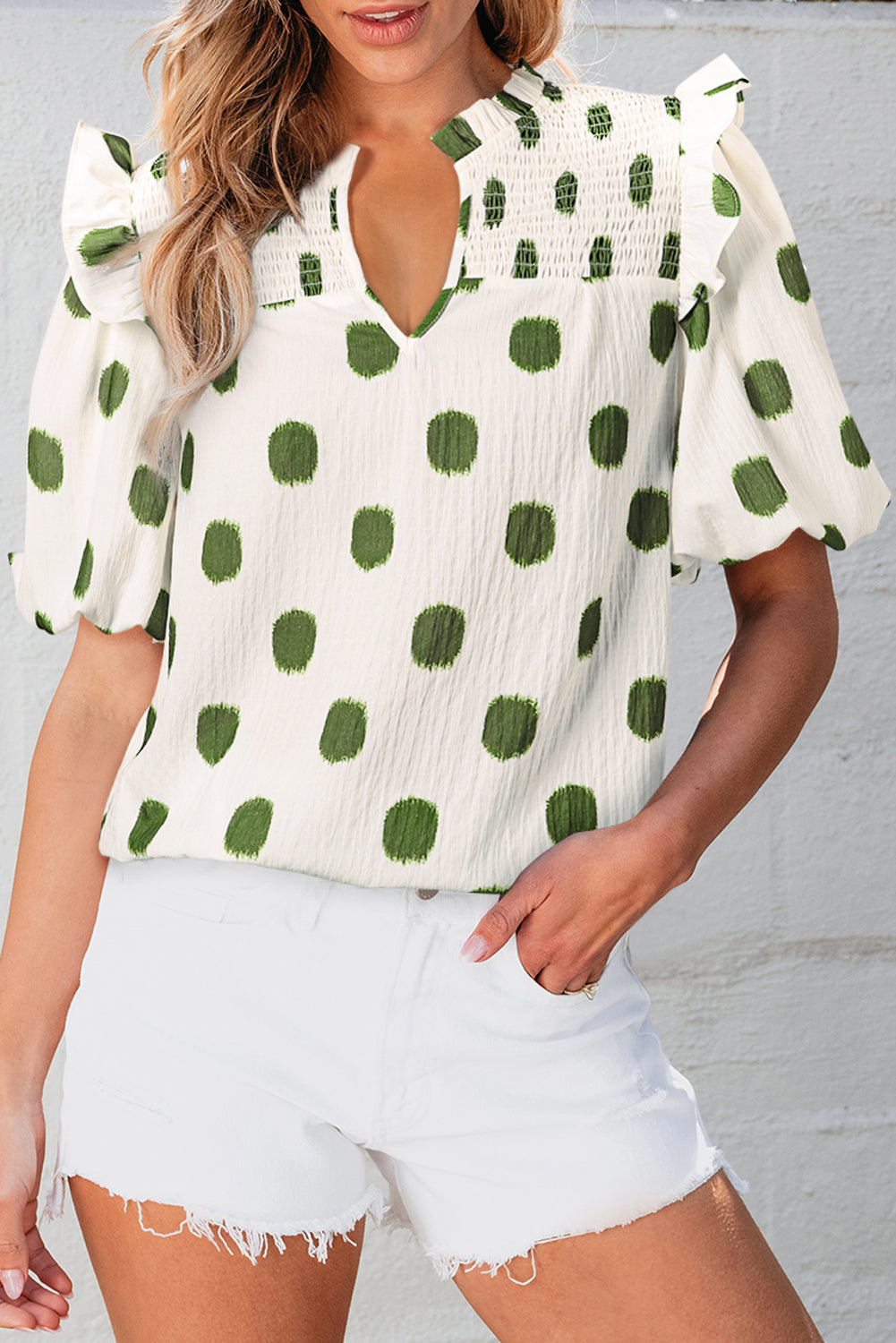 Apricot Polka Dot Print Shirred Yoke Notched Neck Balloon Sleeve Blouse-Tops/Blouses & Shirts-[Adult]-[Female]-Apricot-S-2022 Online Blue Zone Planet