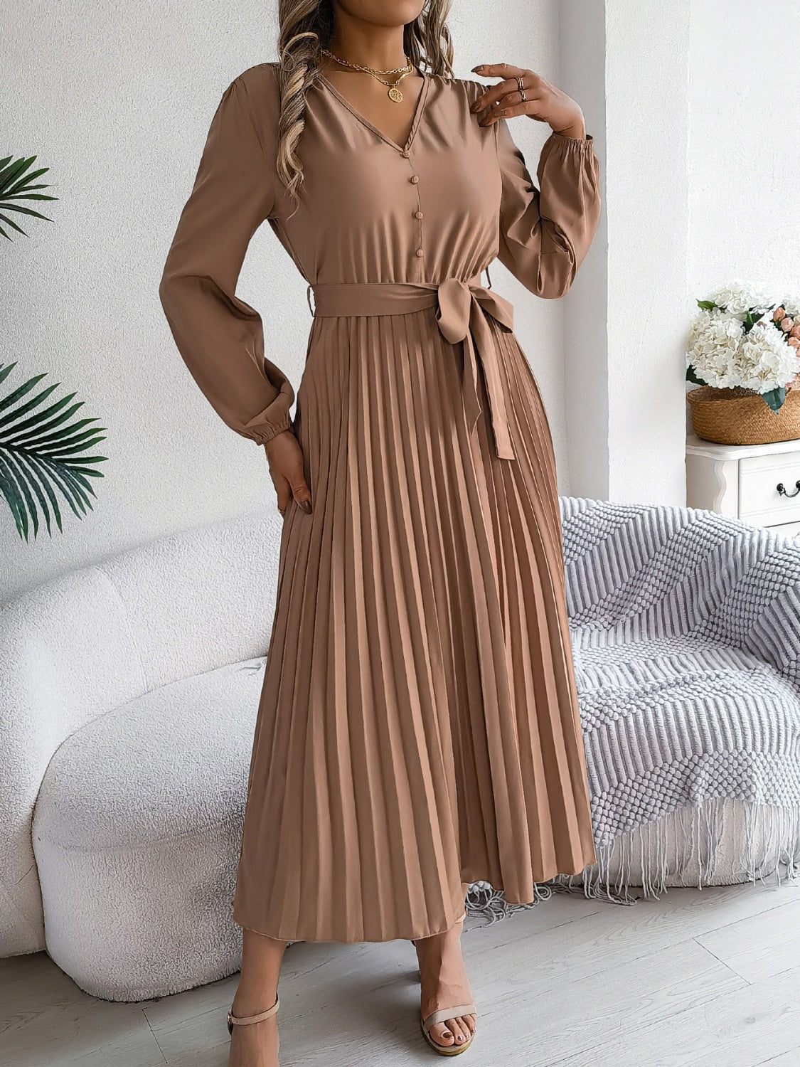 Pleated Tied V-Neck Long Sleeve Dress-TOPS / DRESSES-[Adult]-[Female]-2022 Online Blue Zone Planet