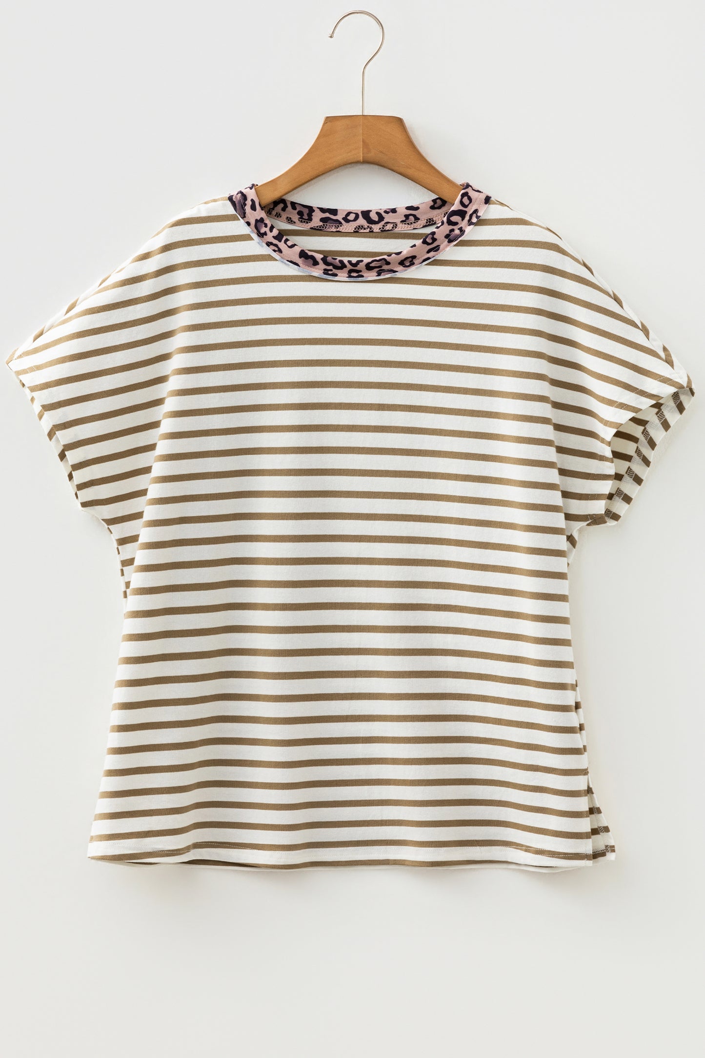 Khaki Stripe Leopard Patchwork Round Neck Loose T Shirt-Tops/Tops & Tees-[Adult]-[Female]-2022 Online Blue Zone Planet