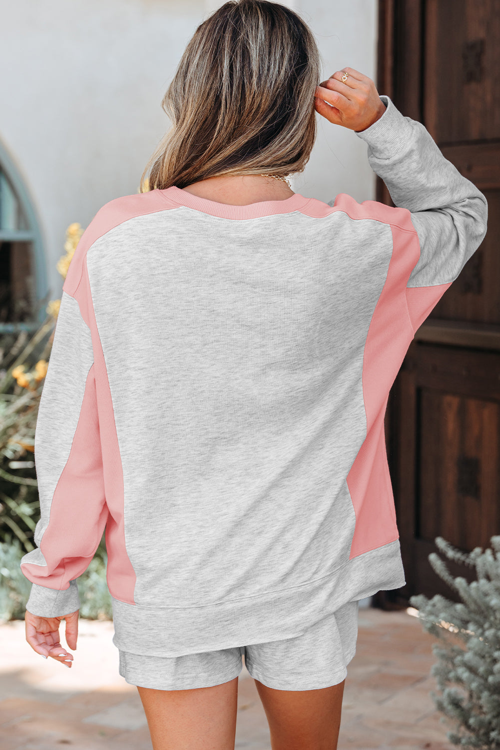Light Grey Color Block Raw Hem Pullover and Casual Shorts Set-Two Piece Sets/Short Sets-[Adult]-[Female]-2022 Online Blue Zone Planet