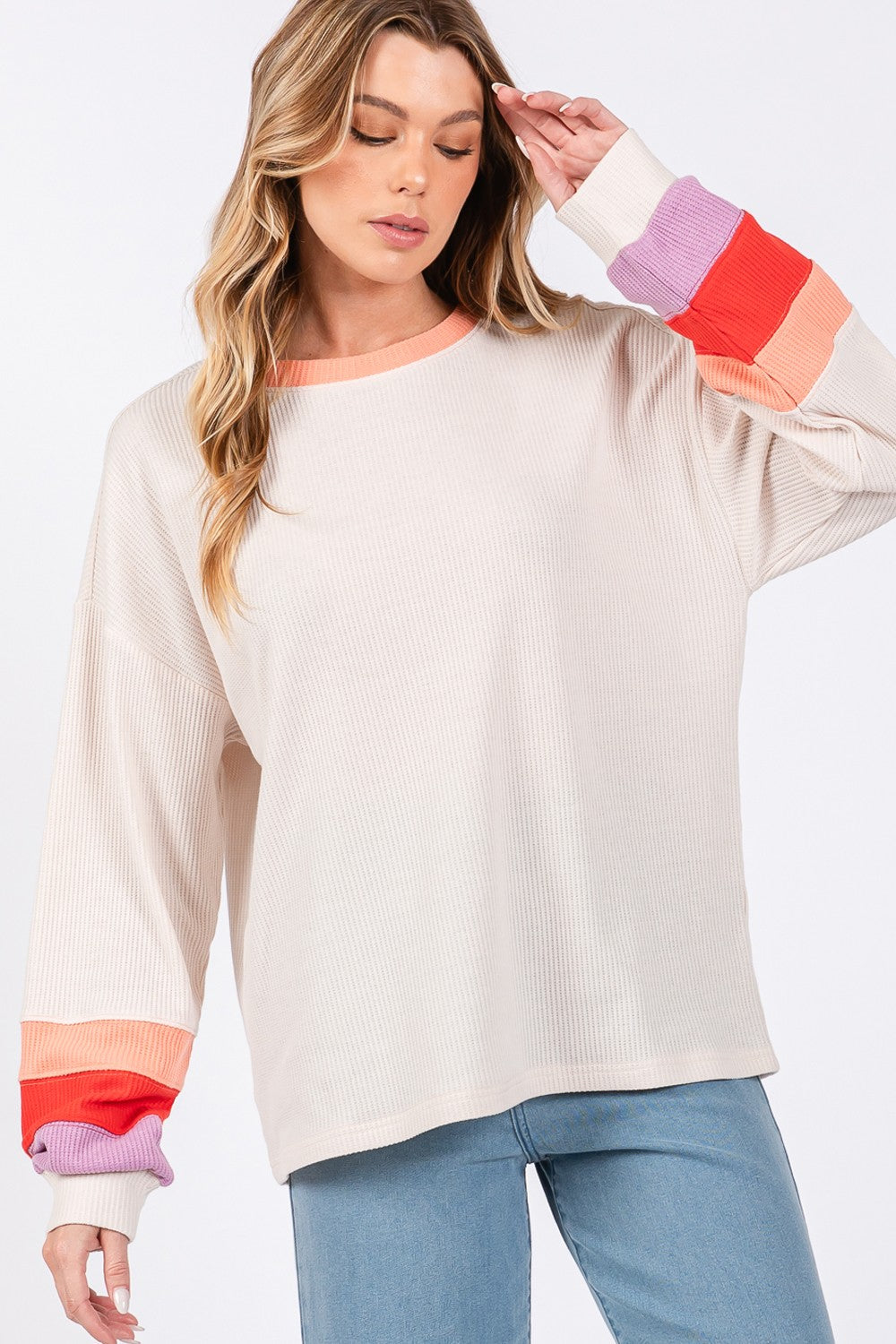 Blue Zone Planet | SAGE + FIG Color Block Waffle Knit T-Shirt-TOPS / DRESSES-[Adult]-[Female]-2022 Online Blue Zone Planet