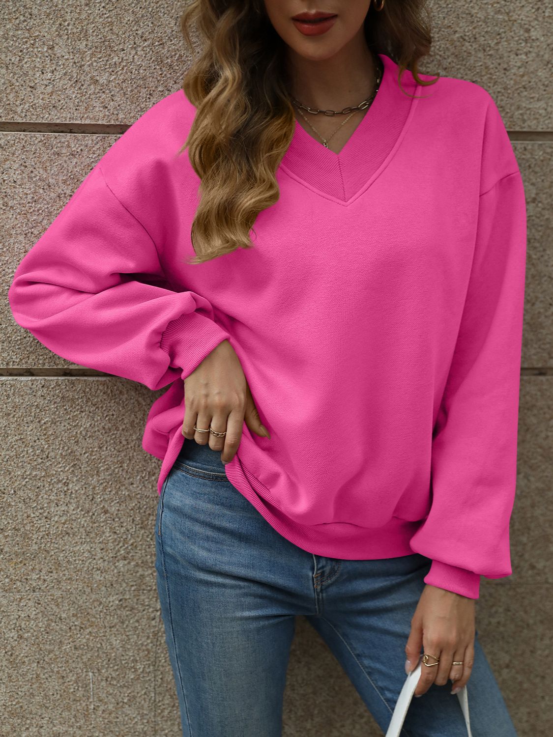 V-Neck Long Sleeve Dropped Shoulder Sweatshirt-TOPS / DRESSES-[Adult]-[Female]-Fuchsia Pink-S-2022 Online Blue Zone Planet