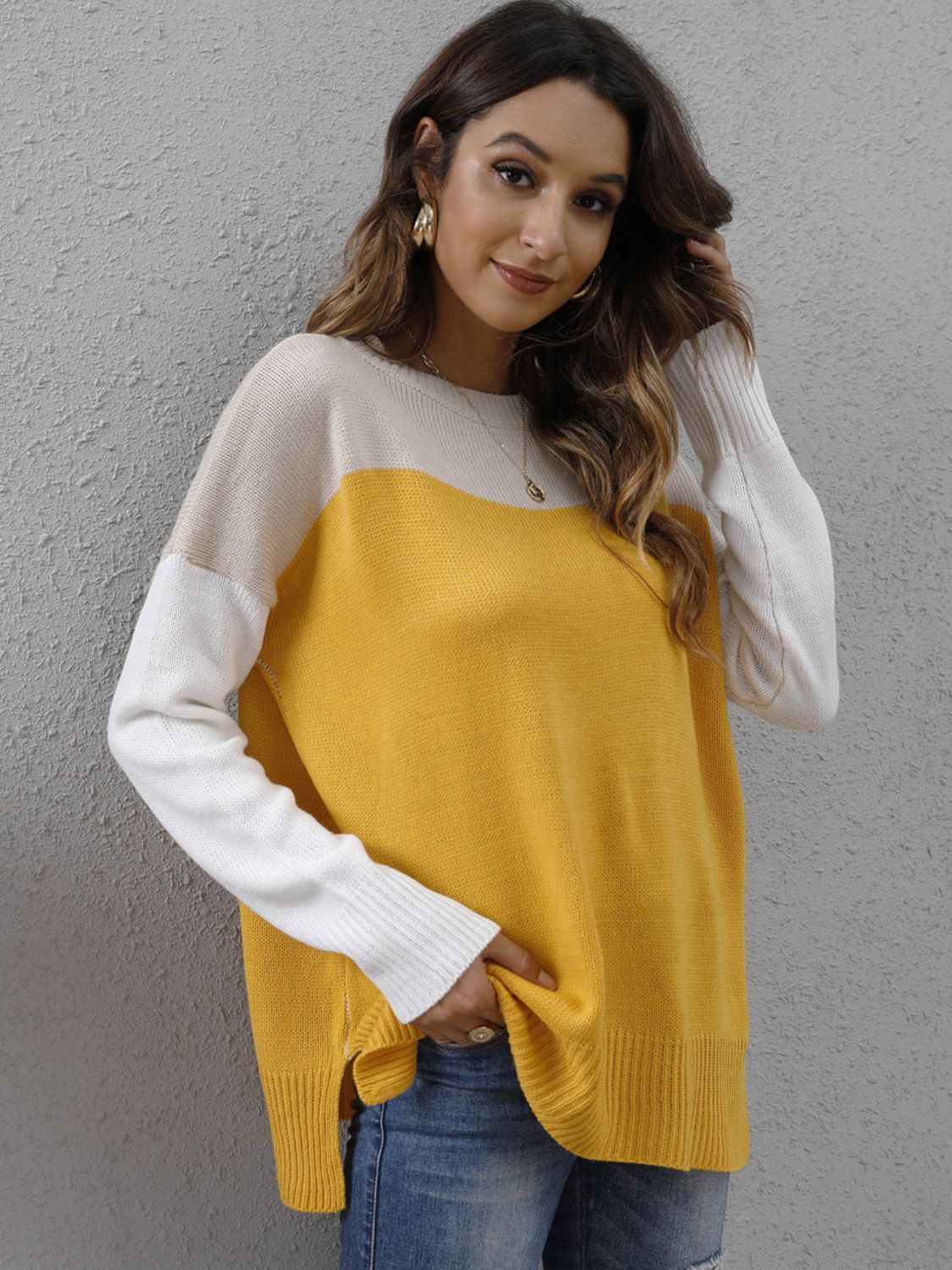 Color Block Round Neck Sweater-TOPS / DRESSES-[Adult]-[Female]-Gold-S-2022 Online Blue Zone Planet