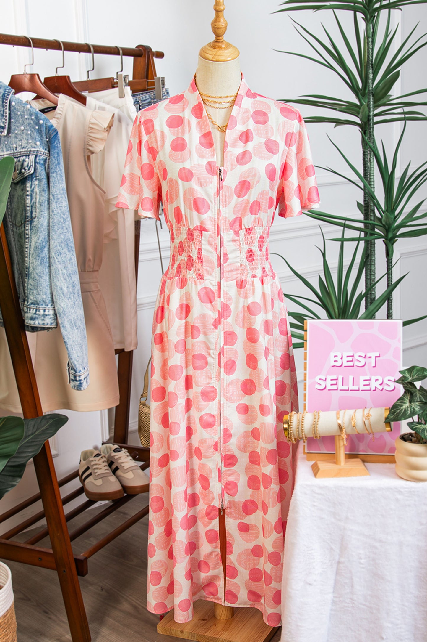 Pink Polka Dot Printed Ruffle Short Sleeve Zip Up Long Dress-TOPS / DRESSES-[Adult]-[Female]-2022 Online Blue Zone Planet