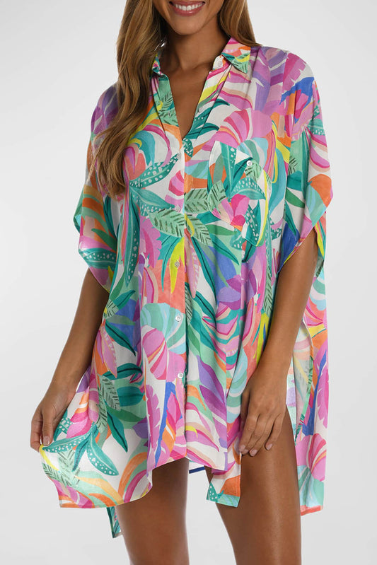 Blue Zone Planet |  Multicolor Plant Print Button-up Half Sleeve Beach Cover Up Blue Zone Planet