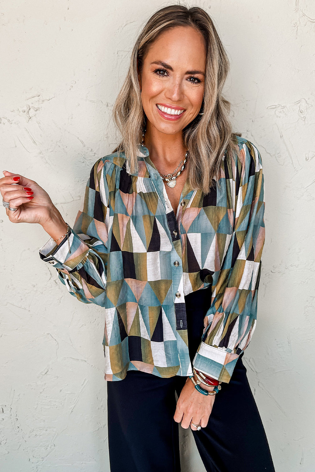 Green Geometric Print Buttoned Balloon Sleeve Loose Fit Shirt-Tops/Blouses & Shirts-[Adult]-[Female]-2022 Online Blue Zone Planet