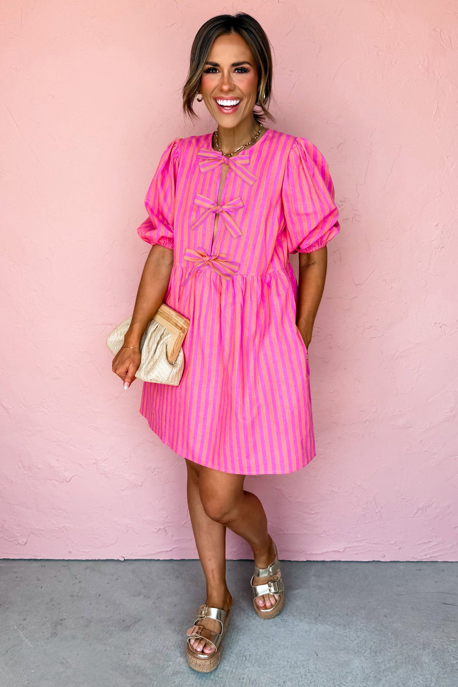 Rose Striped Print Bow Detail Short Puff Sleeve Mini Dress-TOPS / DRESSES-[Adult]-[Female]-2022 Online Blue Zone Planet