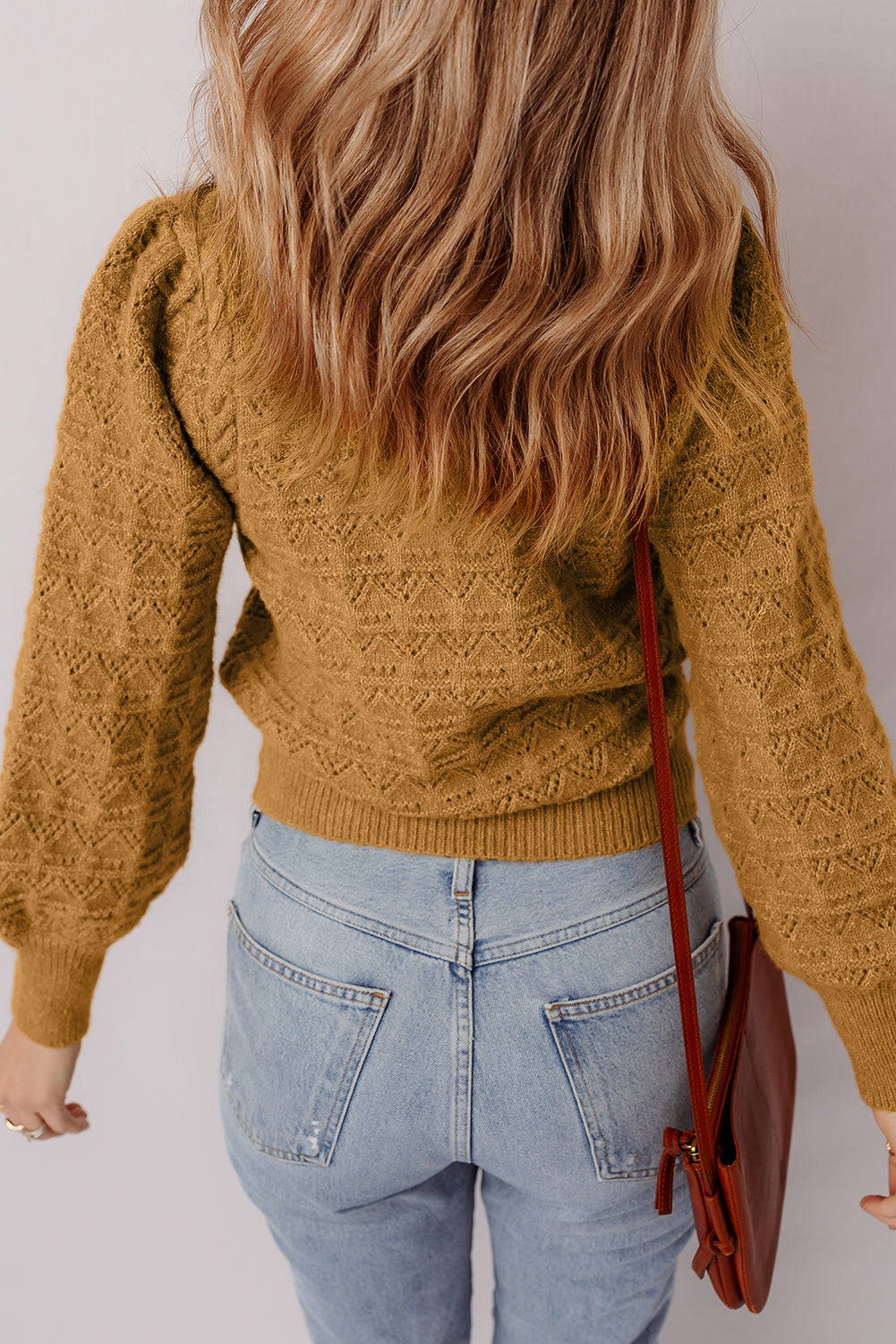 Jurassic Gold Hollow Out Crochet Ribbed Edge Balloon Sleeve Sweater-TOPS / DRESSES-[Adult]-[Female]-2022 Online Blue Zone Planet